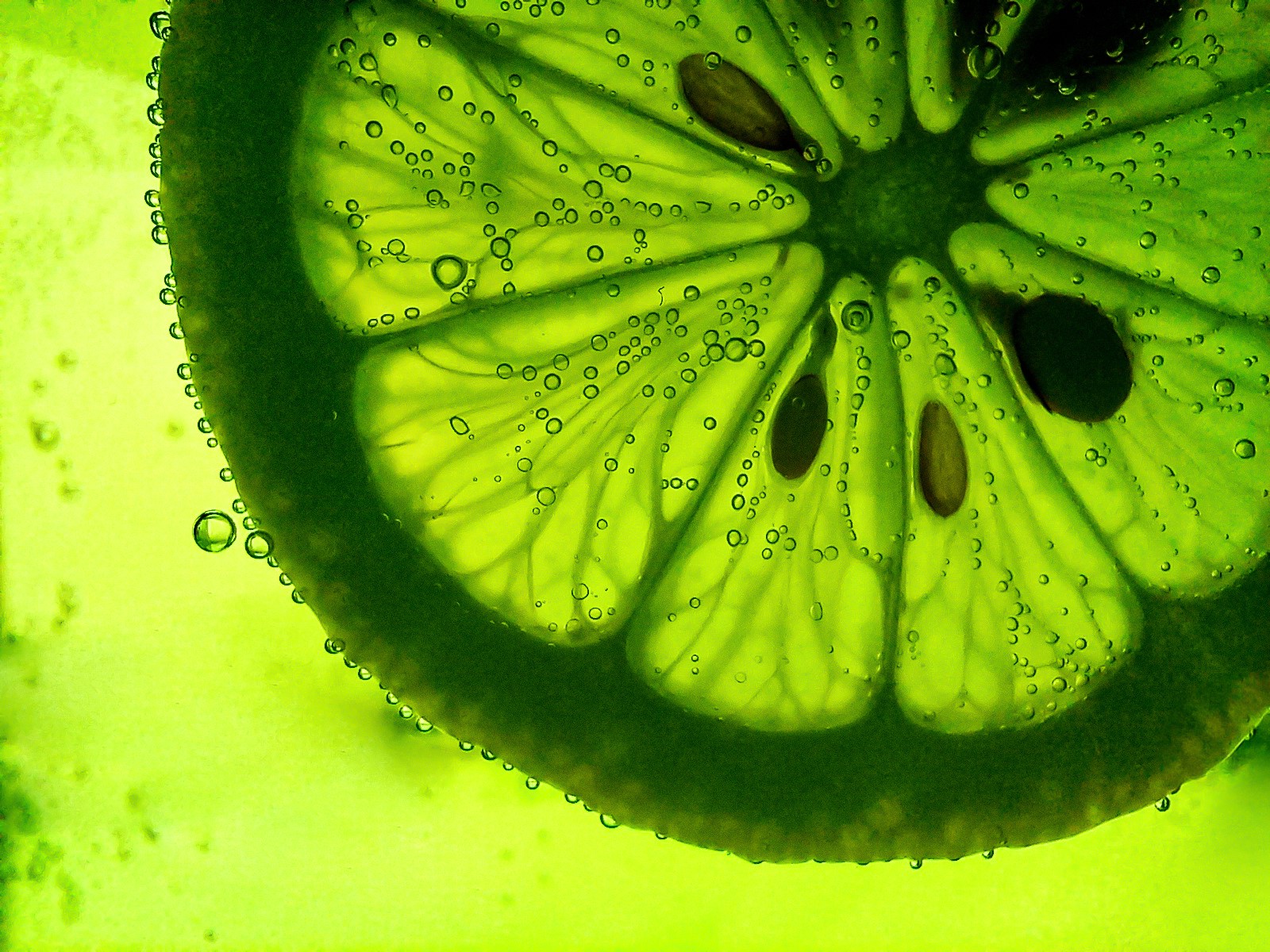 Macro closeup of a lime in a sparkling beverage